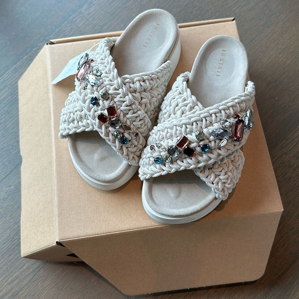Inuikii White Woven Platform Slides with Color Rhinestones, Size 39